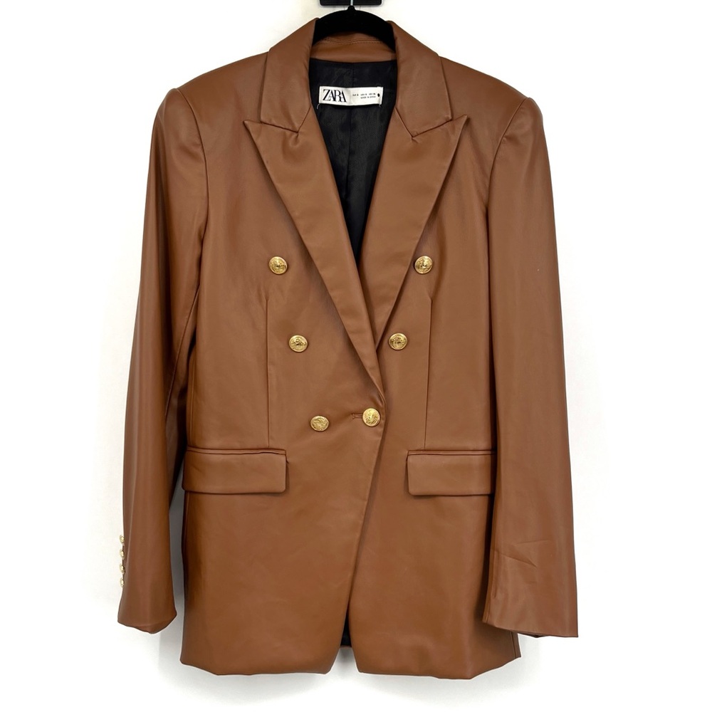 Zara Brown Tan Fall Faux Leather Double Button Blazer Oversized Coat SIze Small